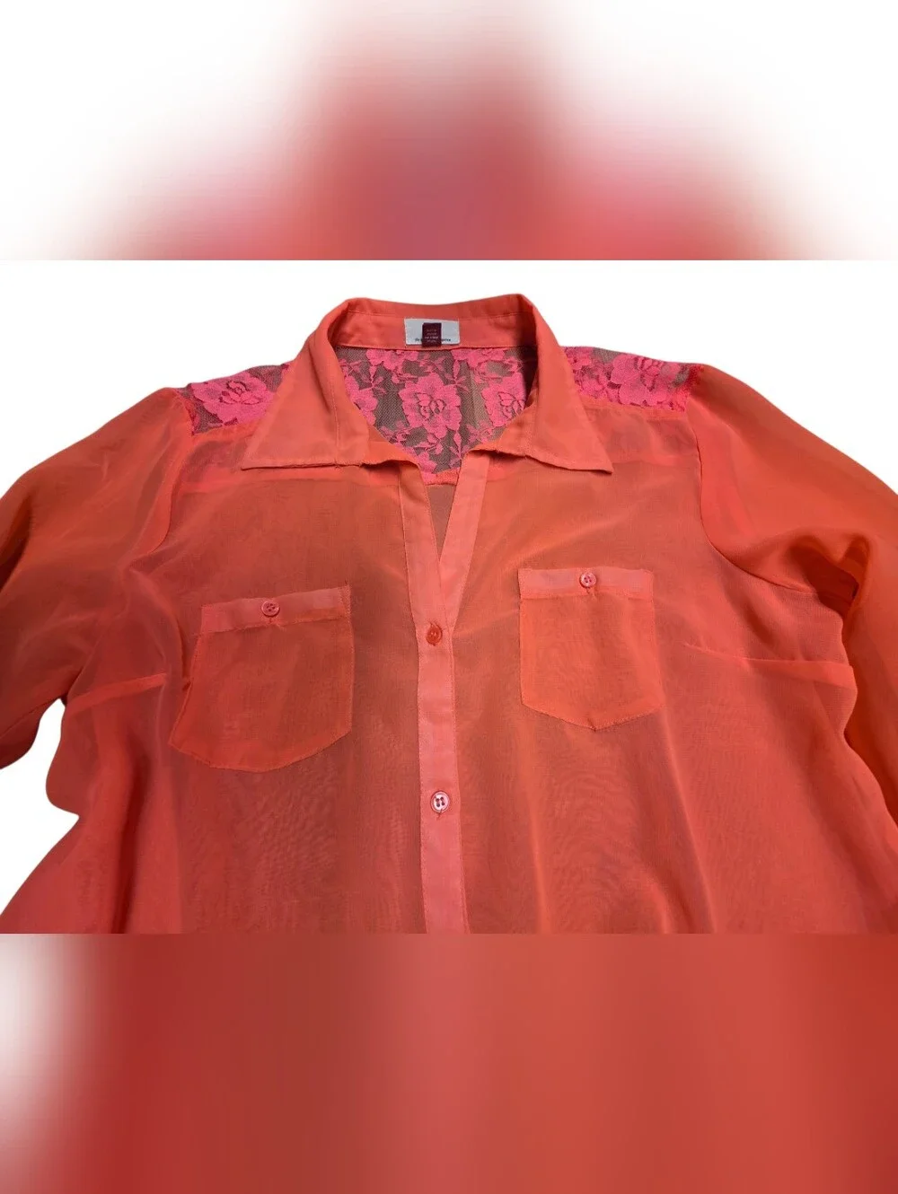 Hot Orange Sheer Lace Bottom Tie Top XL